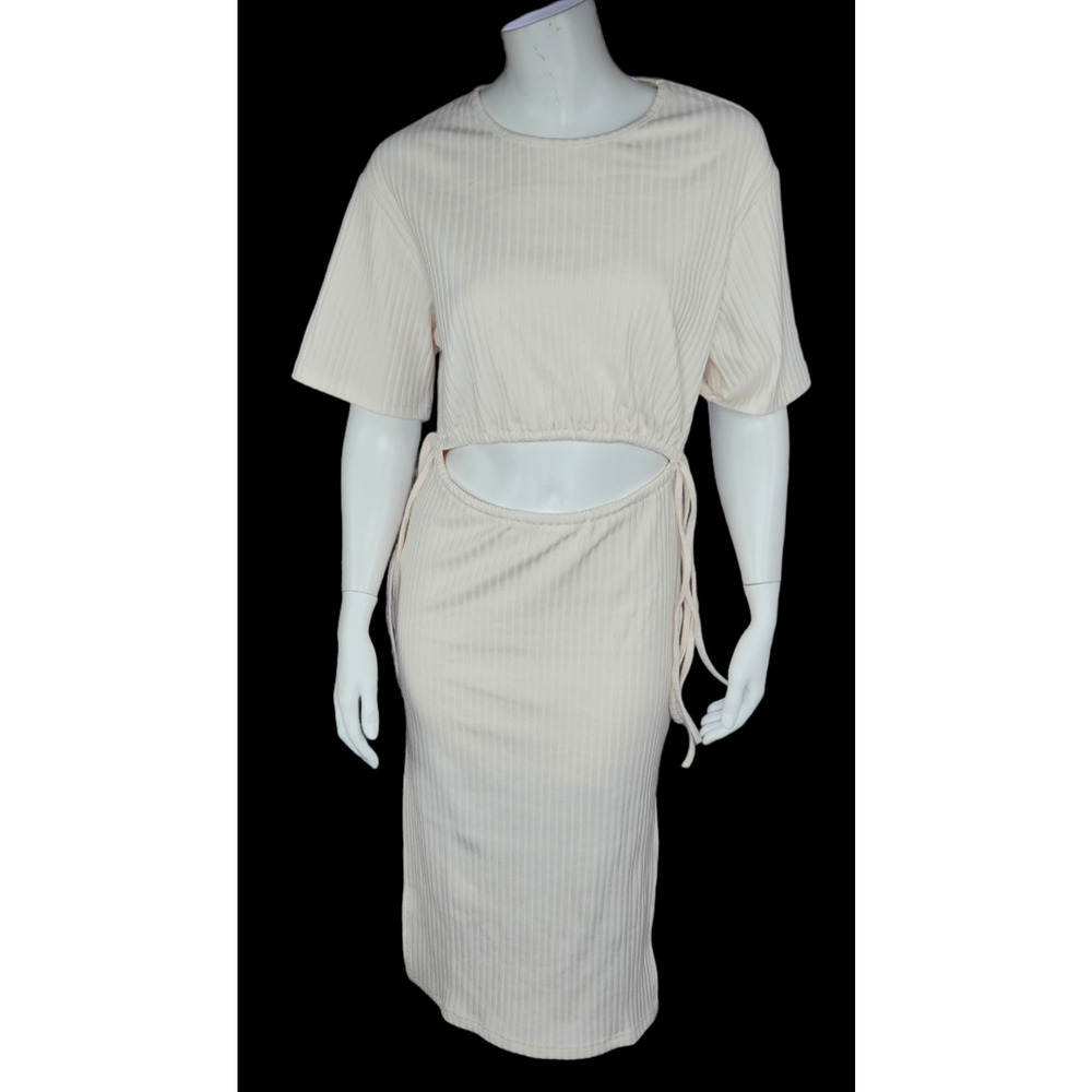 4th and Reckless Womens Small Cream Textured Midi Dress Cutout Short Sleeve